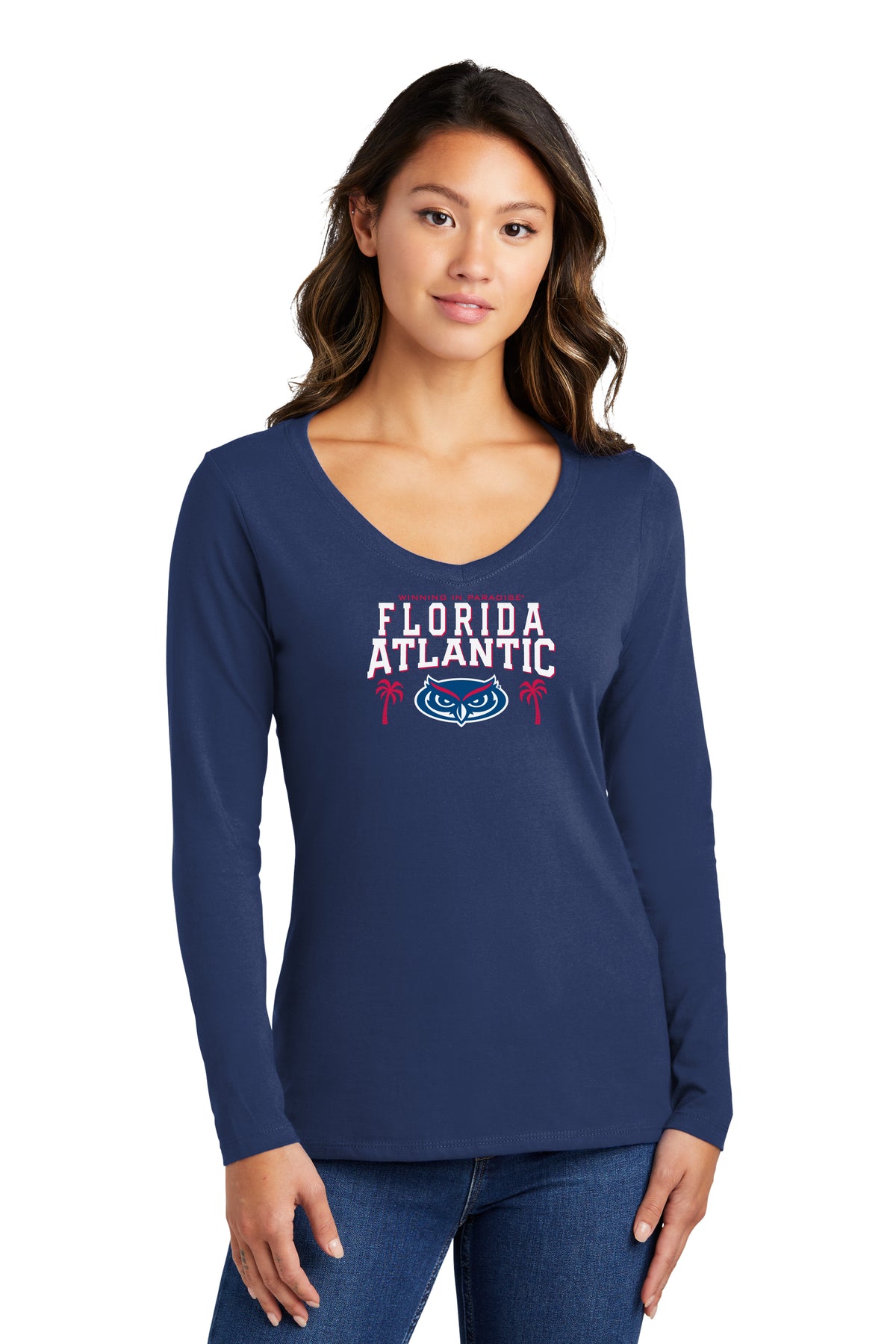 Women's Florida Atlantic Owls Long Sleeve V-Neck Tee Shirt - FAU Logo Winning in Paradise