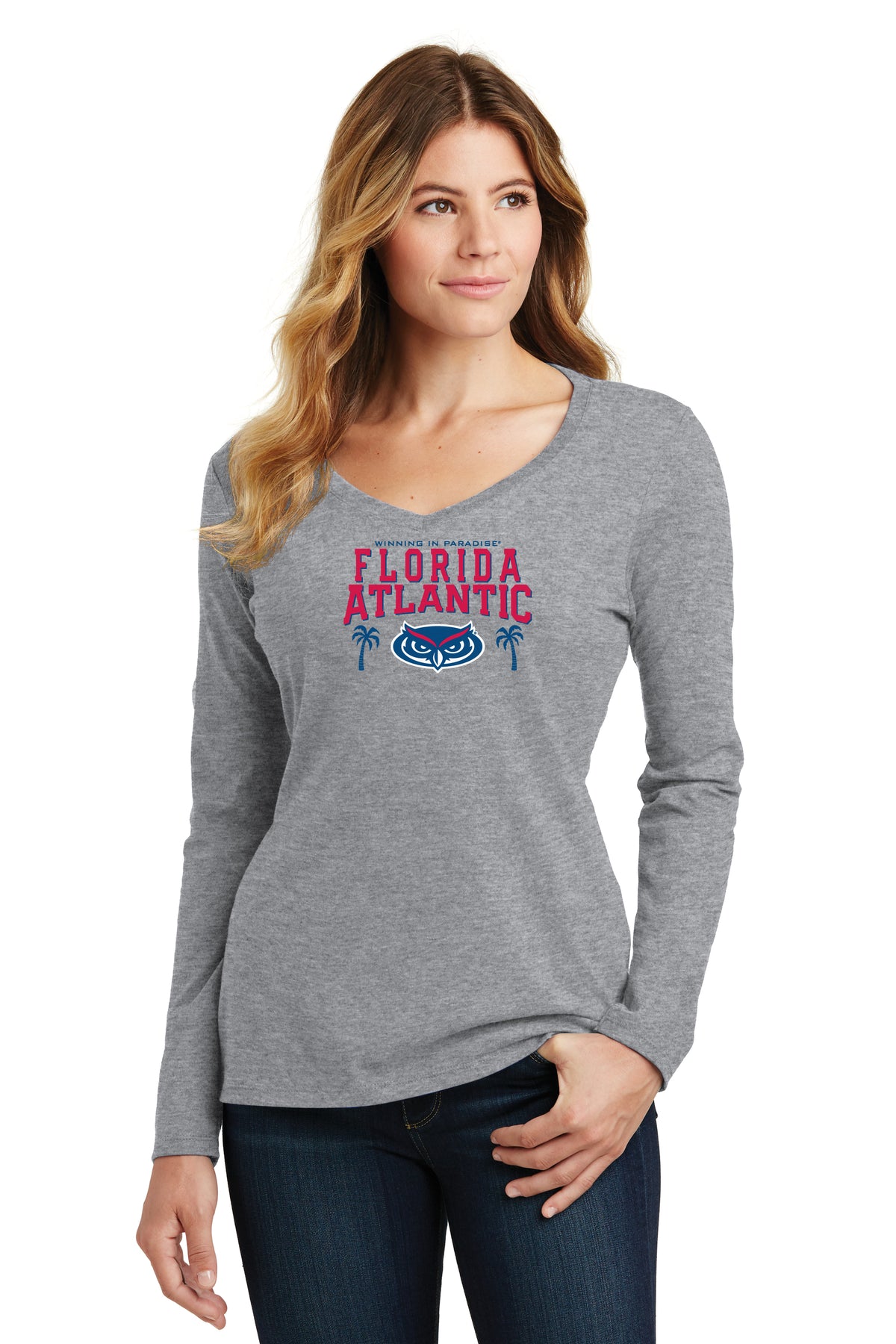 Women's Florida Atlantic Owls Long Sleeve V-Neck Tee Shirt - FAU Logo Winning in Paradise