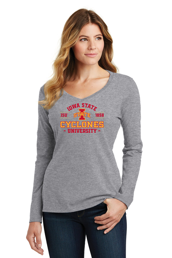 Women's Iowa State Cyclones Long Sleeve V-Neck Tee Shirt - Arch Iowa State 1858