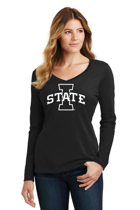 Women's Iowa State Cyclones Long Sleeve V-Neck Tee Shirt - I-State Primary Logo Black Out