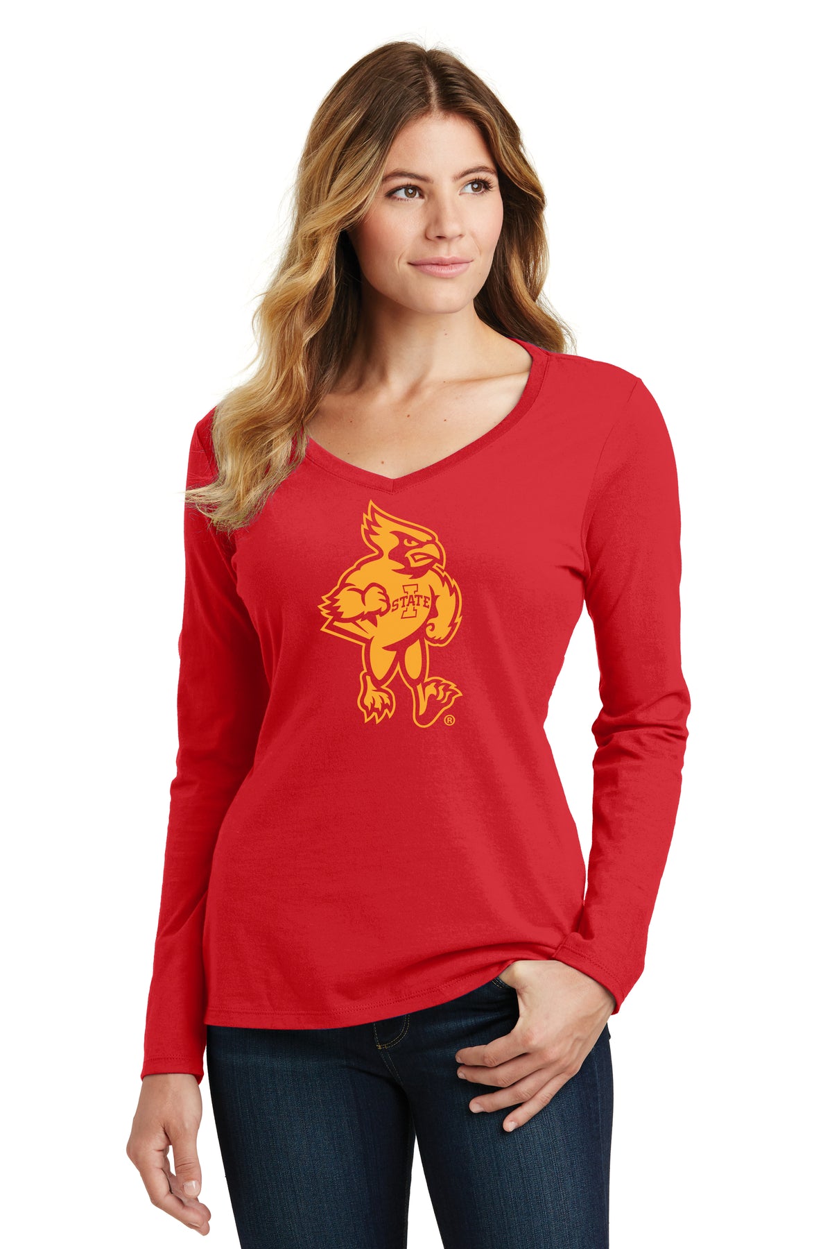 Women's Iowa State Cyclones Long Sleeve V-Neck Tee Shirt - Cy The Cyclones Mascot Full Body