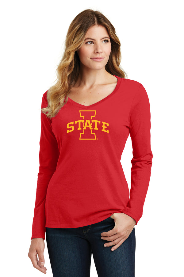 Women's Iowa State Cyclones Long Sleeve V-Neck Tee Shirt - I-State Primary Logo Gold Ink
