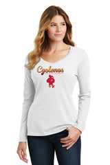 Women's Iowa State Cyclones Long Sleeve V-Neck Tee Shirt - Script Cyclones Full Color Fade with Cy