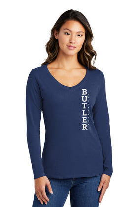 Women's Butler Bulldogs Long Sleeve V-Neck Tee Shirt - Vertical Butler University