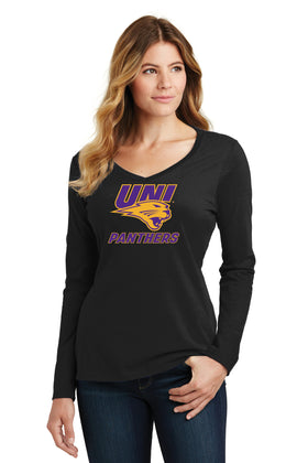 Women's Northern Iowa Panthers Long Sleeve V-Neck Tee Shirt - Purple and Gold Primary Logo