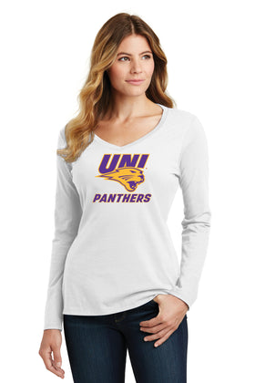 Women's Northern Iowa Panthers Long Sleeve V-Neck Tee Shirt - Purple and Gold Primary Logo