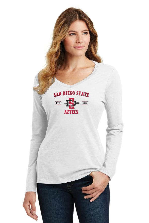 Women's San Diego State Aztecs Long Sleeve V-Neck Tee Shirt - SDSU Primary Logo