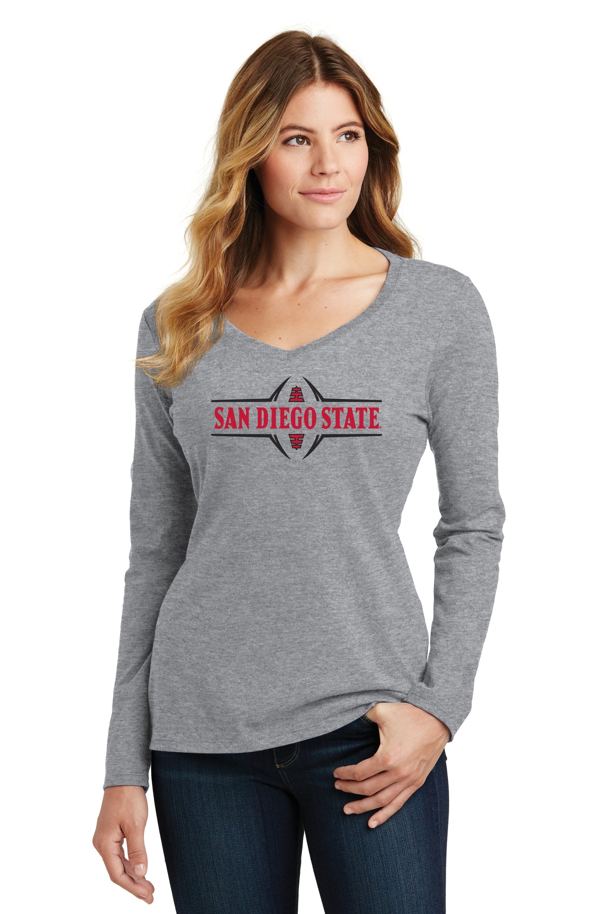 Women's San Diego State Aztecs Long Sleeve V-Neck Tee Shirt - Football Laces