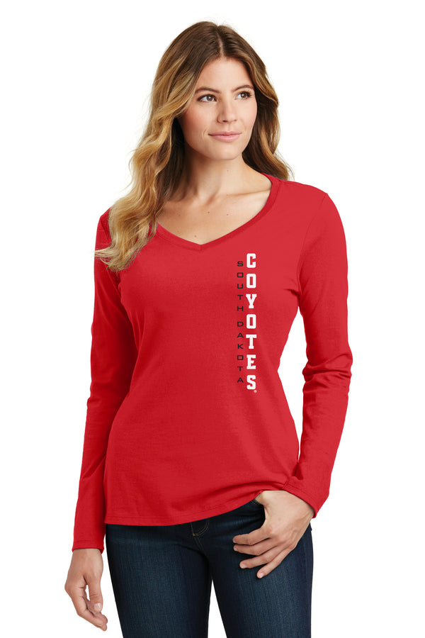 Women's South Dakota Coyotes Long Sleeve V-Neck Tee Shirt - Vertical USD Coyotes