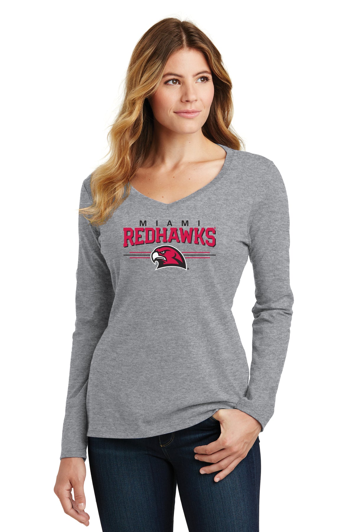 Women's Miami University RedHawks Long Sleeve V-Neck Tee Shirt - Hawk Head 3-Stripe
