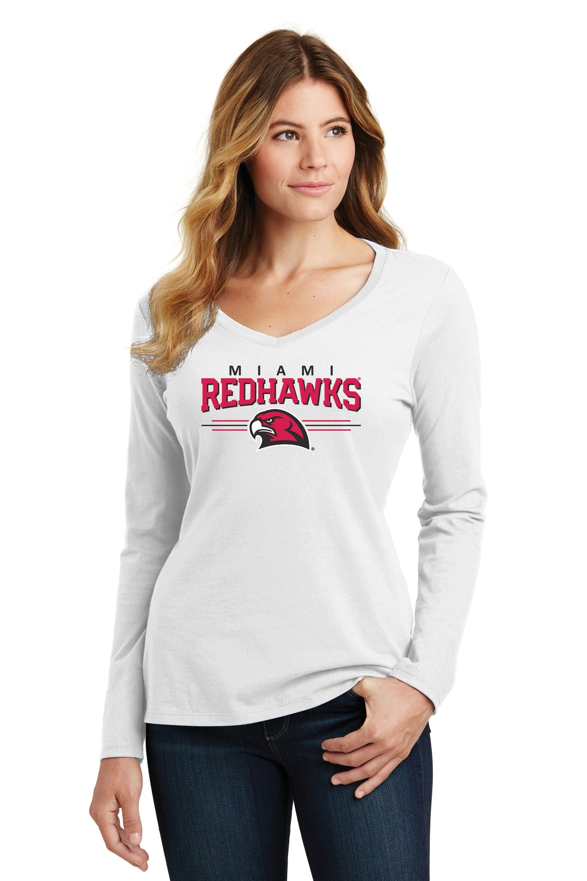 Women's Miami University RedHawks Long Sleeve V-Neck Tee Shirt - Hawk Head 3-Stripe
