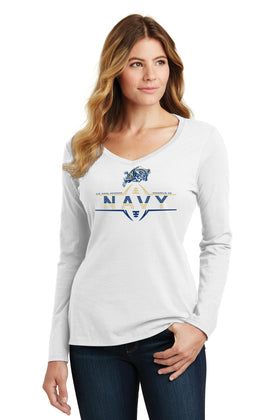 Women's Navy Midshipmen Long Sleeve V-Neck Tee Shirt - Navy Football Laces and Goat