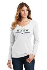 Women's Navy Midshipmen Long Sleeve V-Neck Tee Shirt - Navy Football Laces
