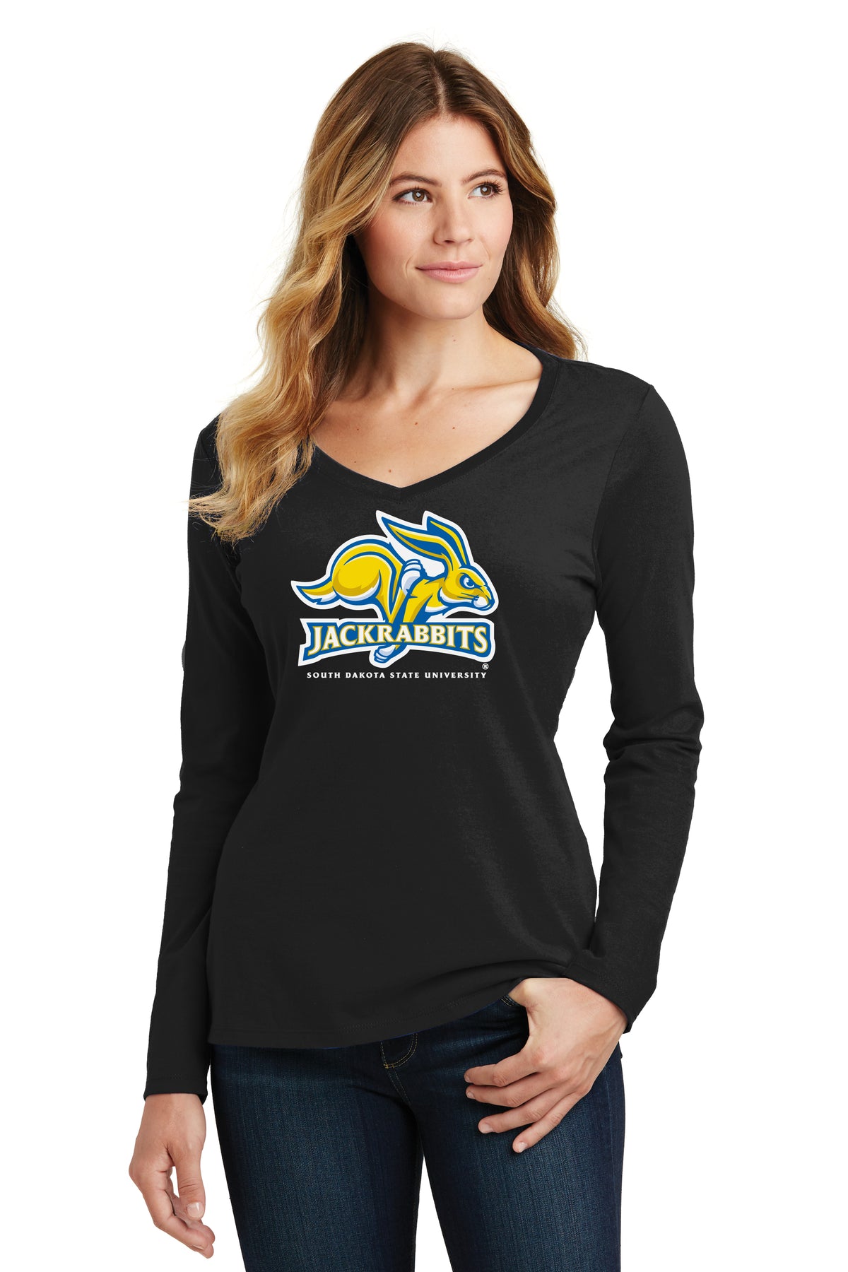 Women's South Dakota State Jackrabbits Long Sleeve V-Neck Tee Shirt - SDSU Jackrabbits Primary Logo