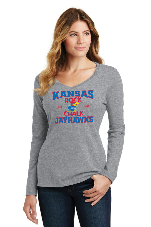 Women's Kansas Jayhawks Long Sleeve V-Neck Tee Shirt - Rock Chalk Jayhawks