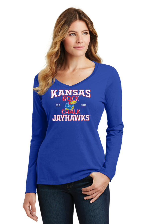 Women's Kansas Jayhawks Long Sleeve V-Neck Tee Shirt - Rock Chalk Jayhawks