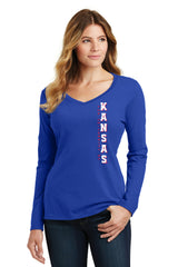 Women's Kansas Jayhawks Long Sleeve V-Neck Tee Shirt - Vertical University of Kansas