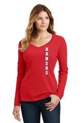 Women's Kansas Jayhawks Long Sleeve V-Neck Tee Shirt - Vertical University of Kansas