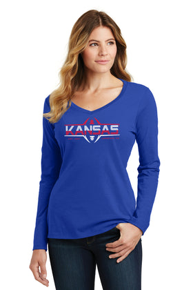Women's Kansas Jayhawks Long Sleeve V-Neck Tee Shirt - Kansas Football Laces