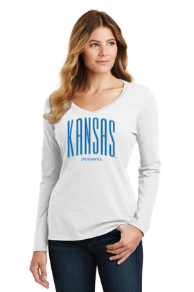 Women's Kansas Jayhawks Long Sleeve V-Neck Tee Shirt - Tall Kansas Small Jayhawks