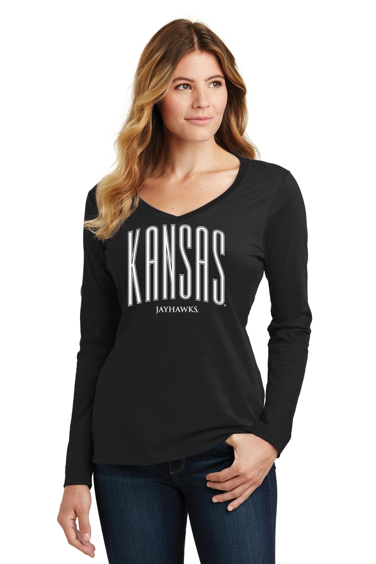 Women's Kansas Jayhawks Long Sleeve V-Neck Tee Shirt - Tall Kansas Small Jayhawks