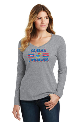 Women's Kansas Jayhawks Long Sleeve V-Neck Tee Shirt - Horiz Stripe Rock Chalk