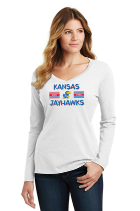 Women's Kansas Jayhawks Long Sleeve V-Neck Tee Shirt - Horiz Stripe Rock Chalk