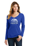 Women's Creighton Bluejays Long Sleeve V-Neck Tee Shirt - Creighton Basketball Ball Logo