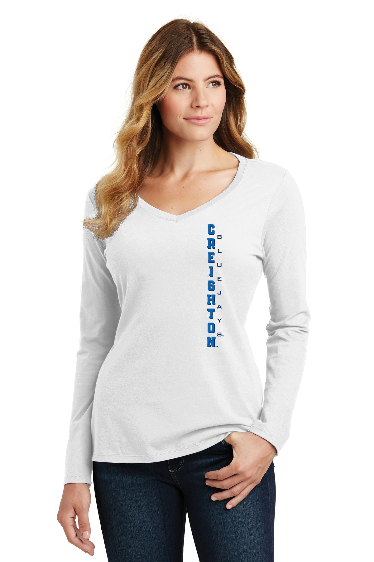Women's Creighton Bluejays Long Sleeve V-Neck Tee Shirt - Vertical Creighton Bluejays