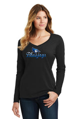 Women's Creighton Bluejays Long Sleeve V-Neck Tee Shirt - Script Bluejays Full Color Fade