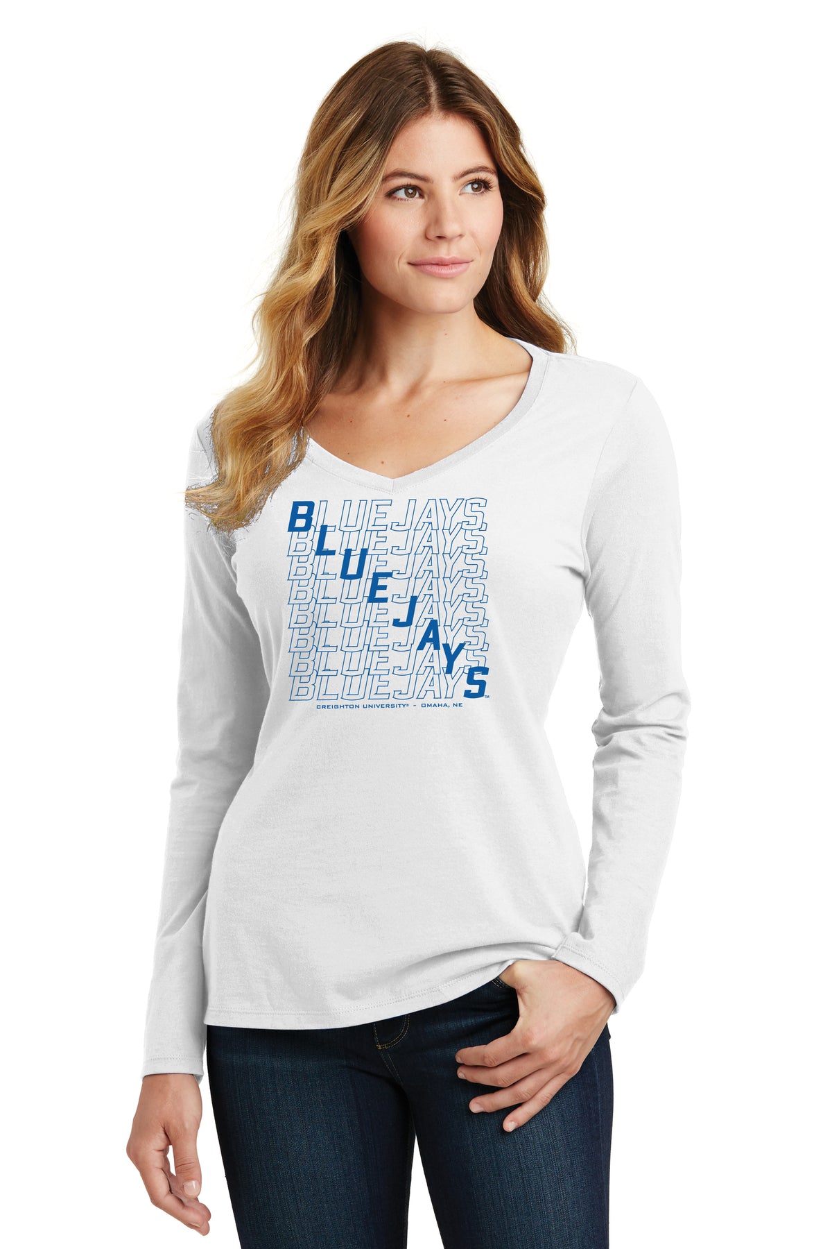 Women's Creighton Bluejays Long Sleeve V-Neck Tee Shirt - Bluejays Diagonal Echo