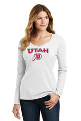 Women's Utah Utes Long Sleeve V-Neck Tee Shirt - Circle and Feather Logo