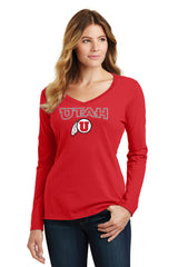 Women's Utah Utes Long Sleeve V-Neck Tee Shirt - Circle and Feather Logo