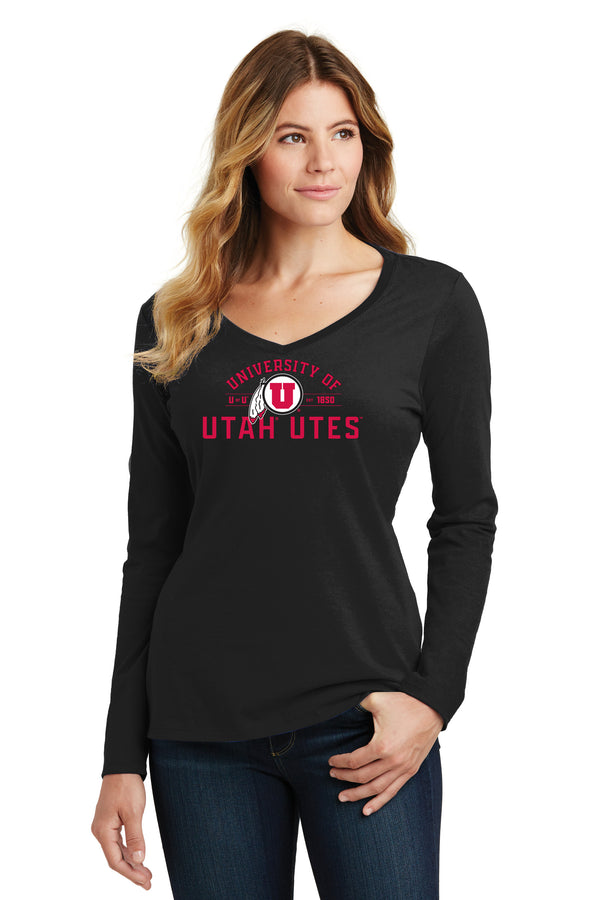 Women's Utah Utes Long Sleeve V-Neck Tee Shirt - U of U Arch with Circle Feather Logo