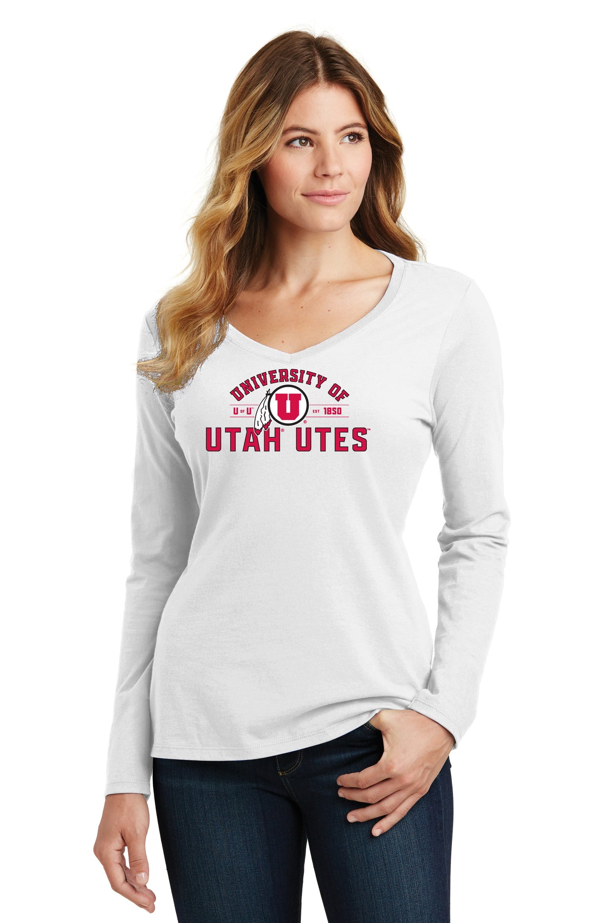 Women's Utah Utes Long Sleeve V-Neck Tee Shirt - U of U Arch with Circle Feather Logo