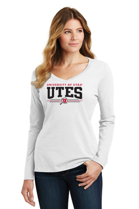 Women's Utah Utes Long Sleeve V-Neck Tee Shirt - Arch Utes 3 Stripe Logo