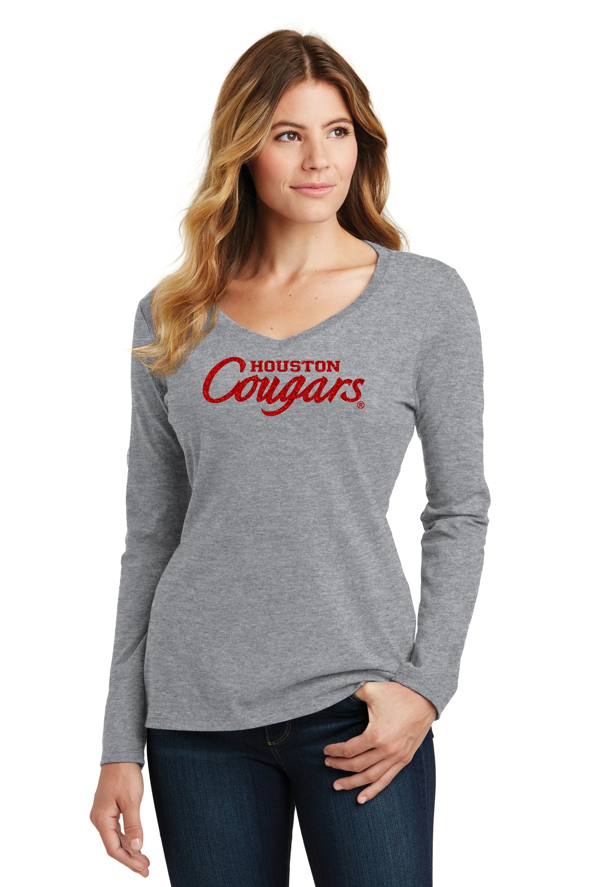 Women's Houston Cougars Long Sleeve V-Neck Tee Shirt - Red Glitter Script Cougars