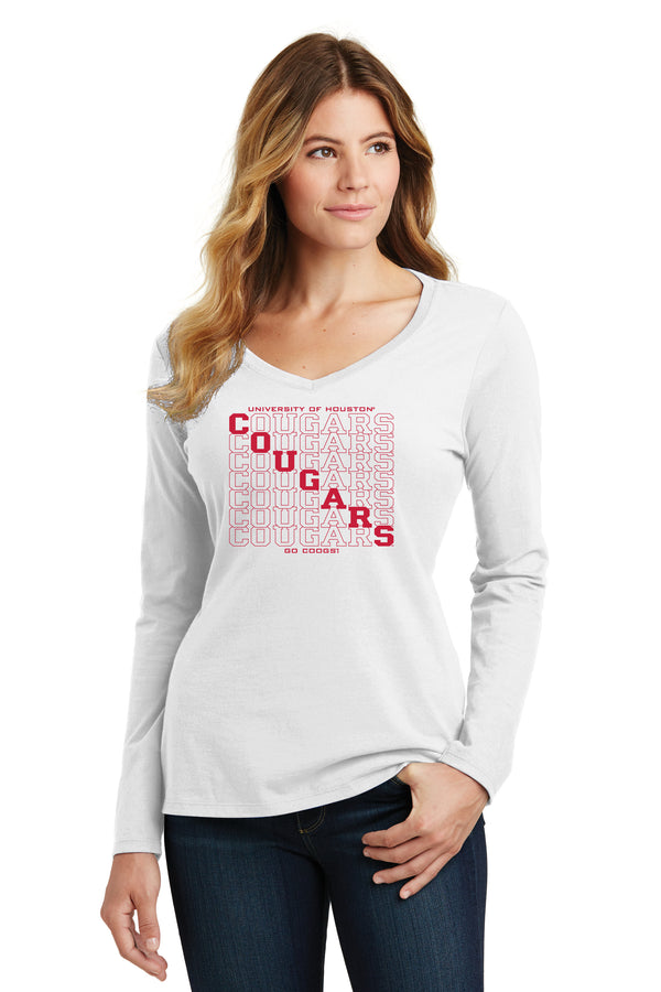 Women's Houston Cougars Long Sleeve V-Neck Tee Shirt - Diagonal Cougars Echo