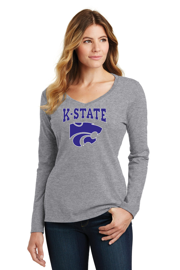 Women's K-State Wildcats Long Sleeve V-Neck Tee Shirt - K-State Powercat with Outline