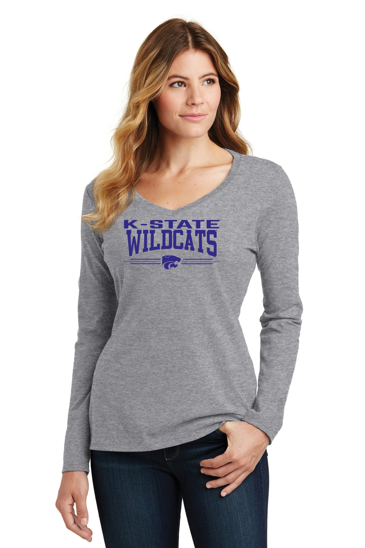 Women's K-State Wildcats Long Sleeve V-Neck Tee Shirt - K-State Wildcats 3 Stripe Powercat