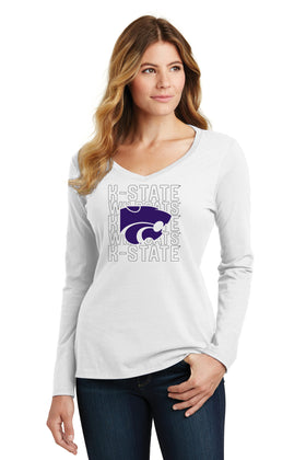 Women's K-State Wildcats Long Sleeve V-Neck Tee Shirt - Powercat Overlay