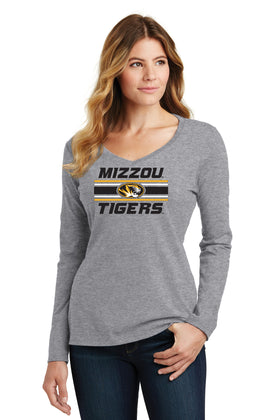Women's Missouri Tigers Long Sleeve V-Neck Tee Shirt - Horiz Stripe Mizzou Tigers