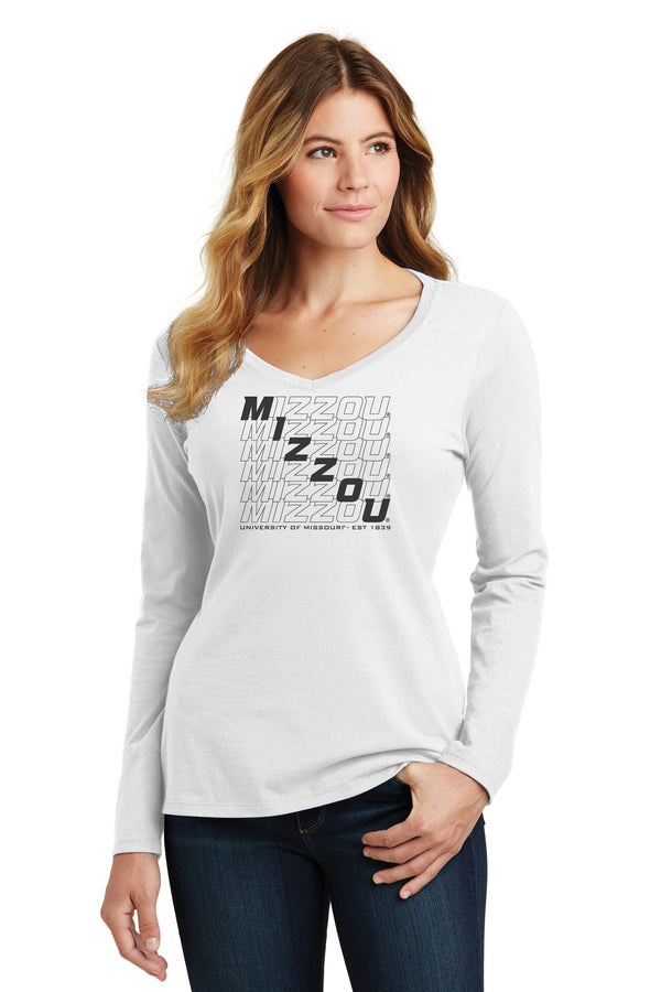 Women's Missouri Tigers Long Sleeve V-Neck Tee Shirt - Mizzou Diagonal Echo