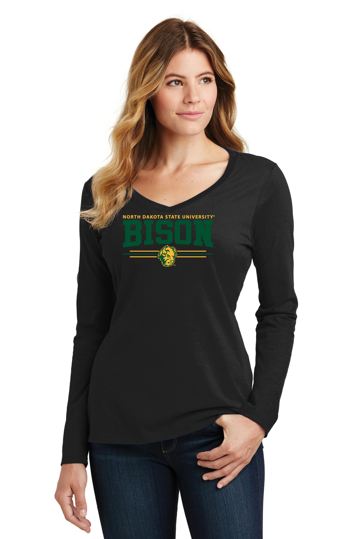 Women's NDSU Bison Long Sleeve V-Neck Tee Shirt - NDSU Bison 3-Stripe