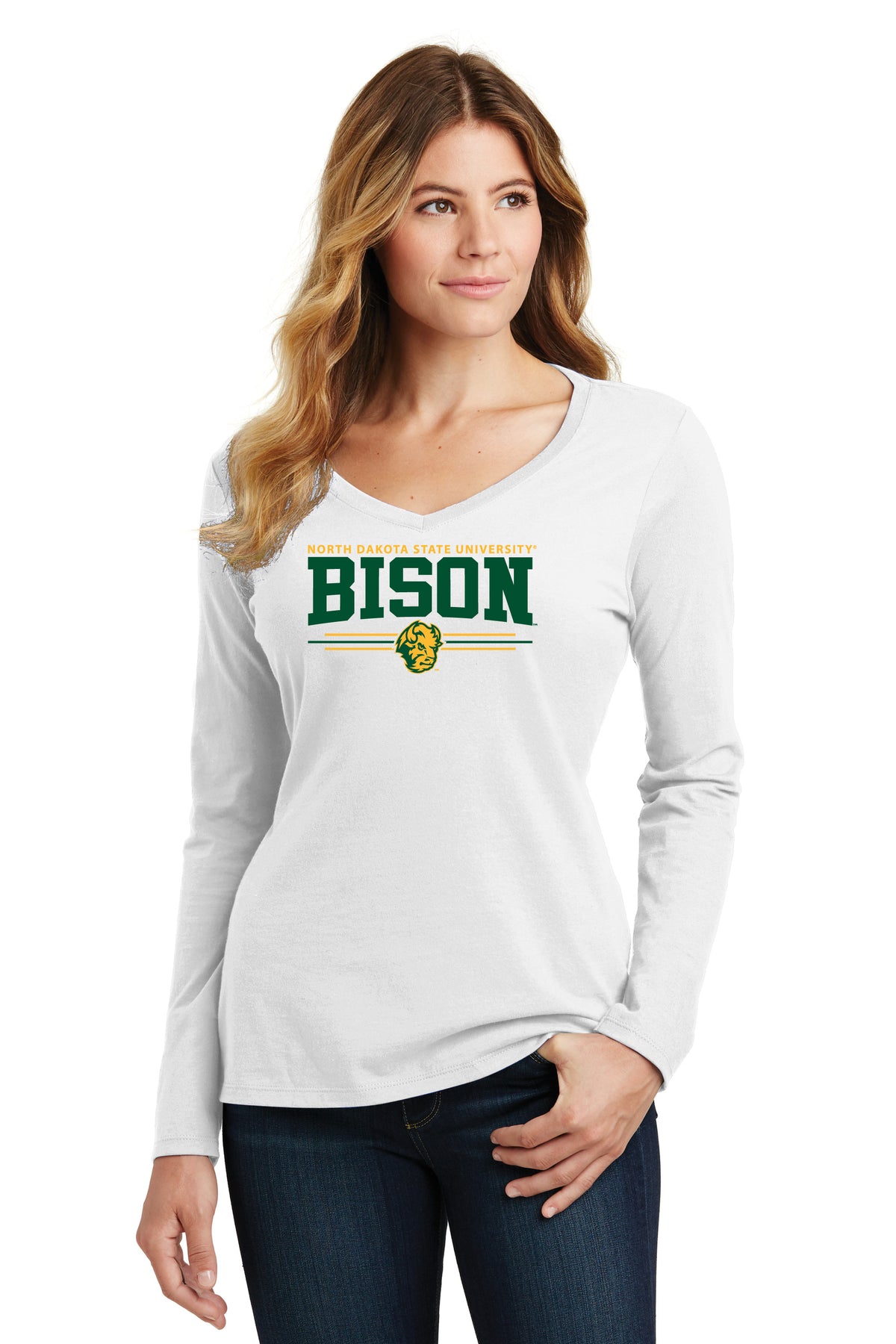 Women's NDSU Bison Long Sleeve V-Neck Tee Shirt - NDSU Bison 3-Stripe