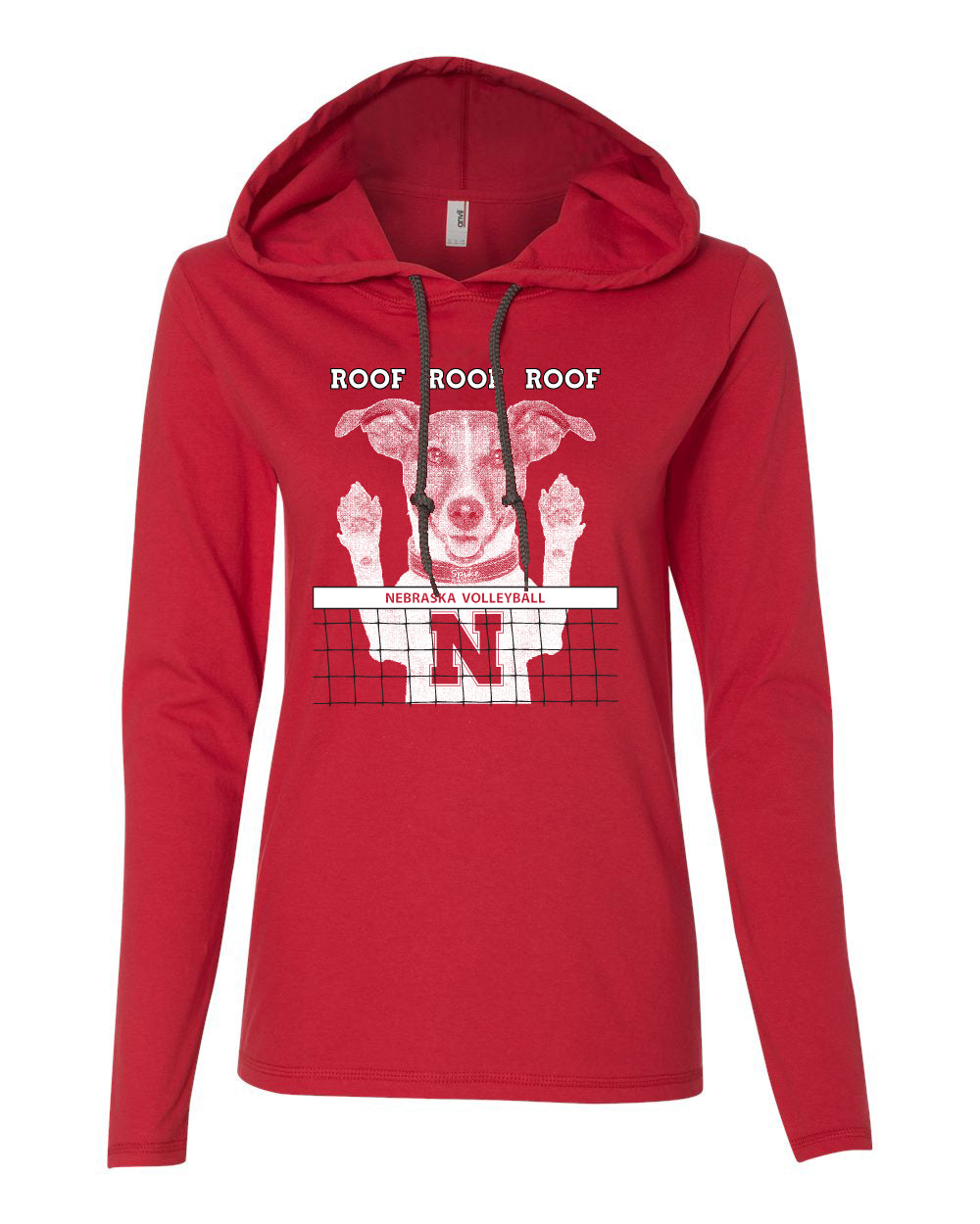 Women's Nebraska Husker Volleyball Spike Dog ROOF ROOF ROOF Long Sleeve Hoody