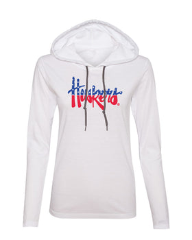 Nebraska Tee Shirt Women's Long Sleeve Hooded Red White And Blue Script Huskers