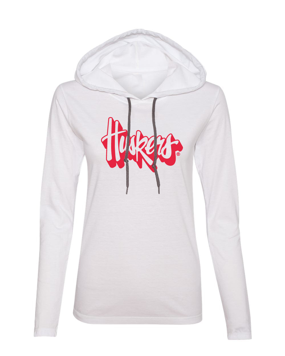 Women's Nebraska Huskers Long Sleeve Hooded Tee Shirt - Red Script Huskers Outline