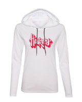 Women's Nebraska Huskers Long Sleeve Hooded Tee Shirt - Red Script Huskers Outline