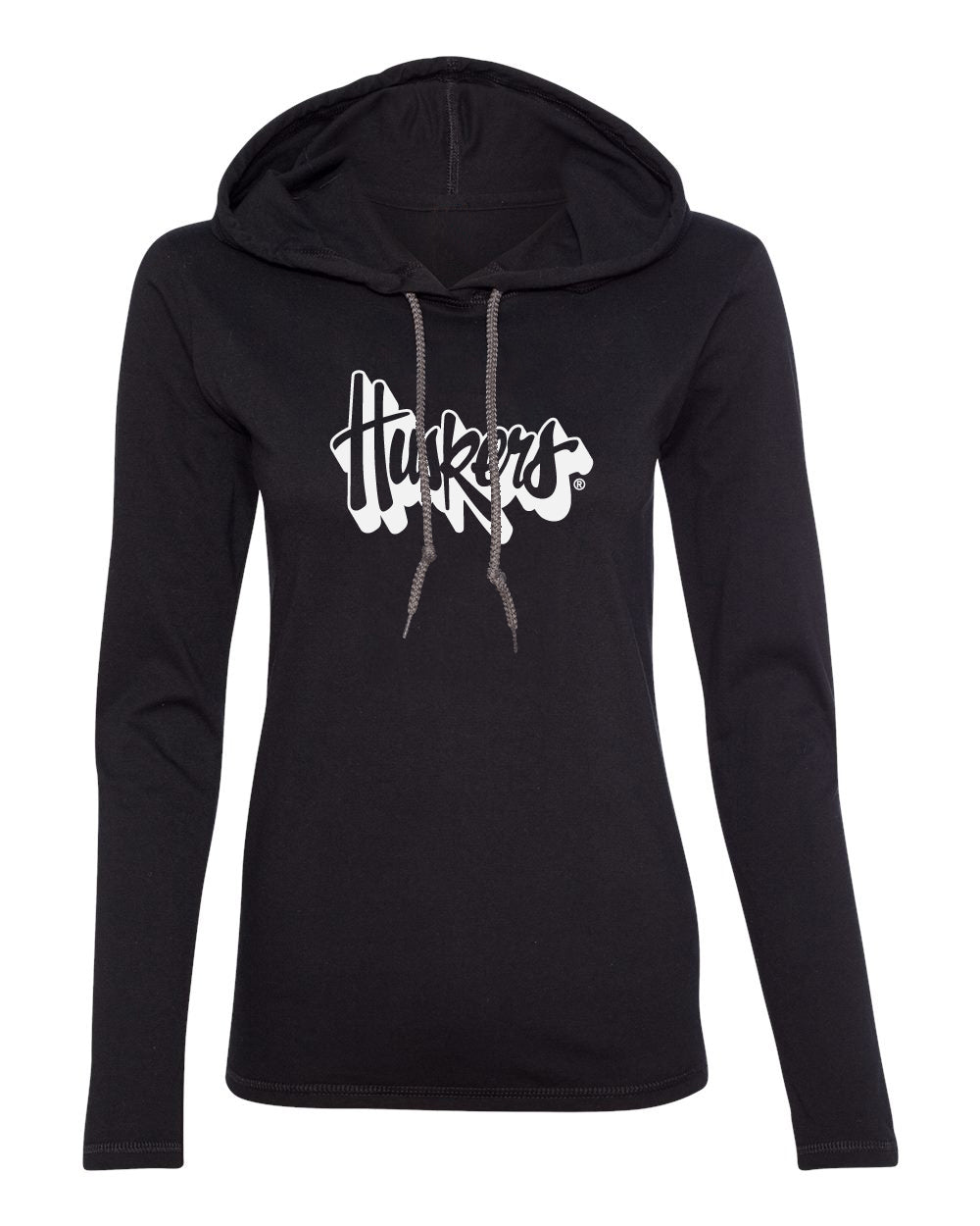 Women's Nebraska Huskers Long Sleeve Hooded Tee Shirt - White Script Huskers Outline